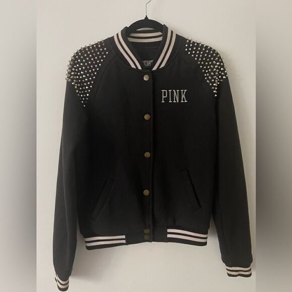 New! Victorias Secret Pink STUDDED Bomber Varsity Jacket - Picture 1 of 7